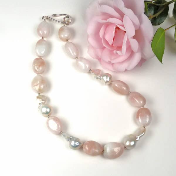 Morganite and pearl pastel pink necklace